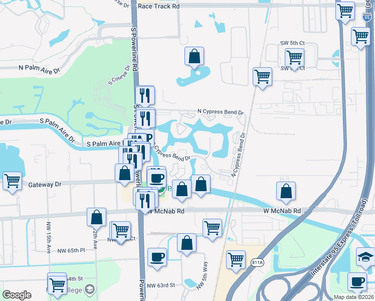 map of restaurants, bars, coffee shops, grocery stores, and more near 2313 South Cypress Bend Drive in Pompano Beach