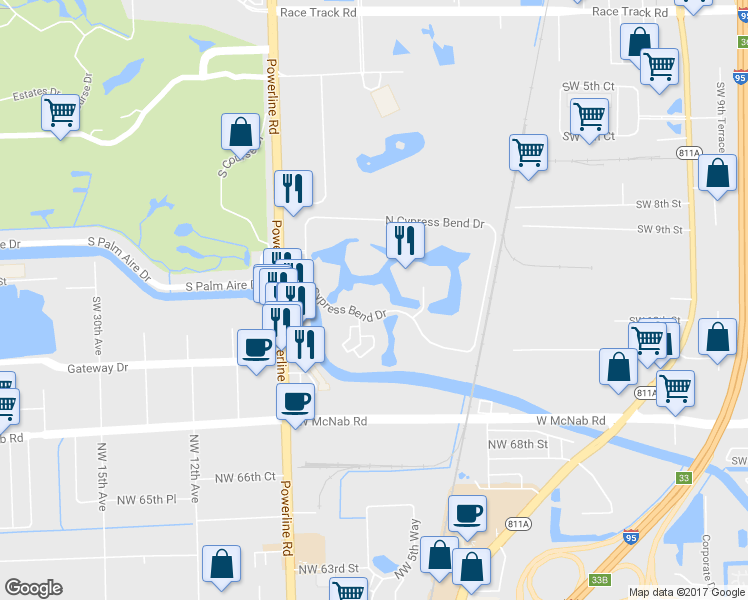 map of restaurants, bars, coffee shops, grocery stores, and more near 2313 South Cypress Bend Drive in Pompano Beach