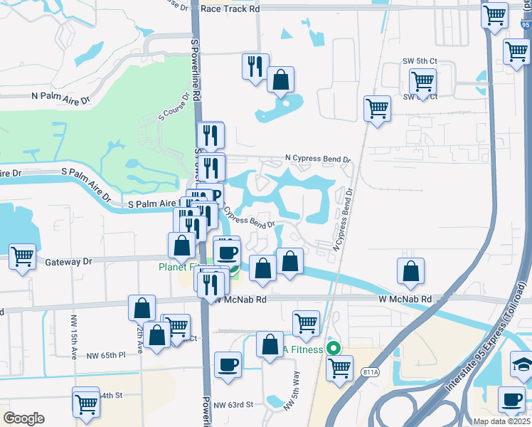map of restaurants, bars, coffee shops, grocery stores, and more near 2313 South Cypress Bend Drive in Pompano Beach