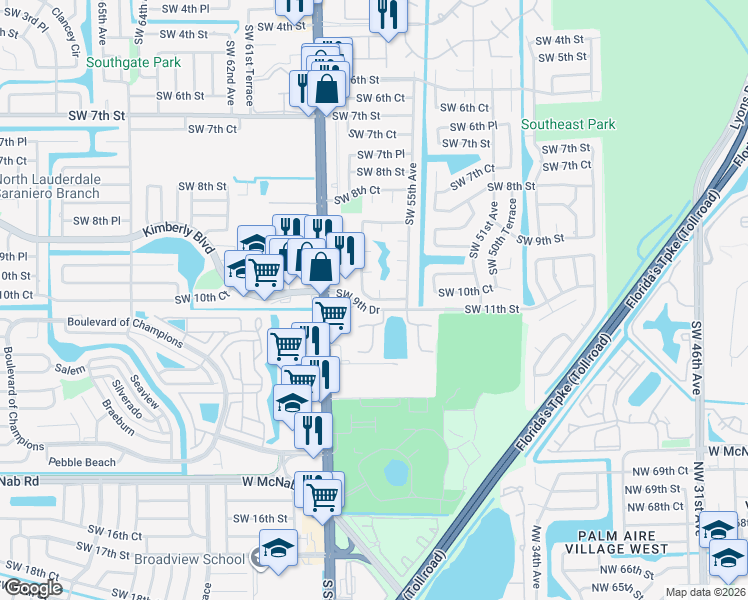 map of restaurants, bars, coffee shops, grocery stores, and more near 5561 Southwest 10th Place in Margate