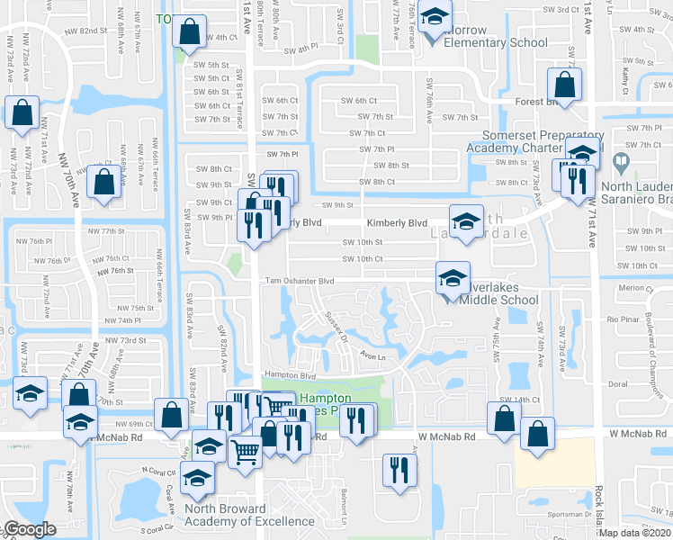map of restaurants, bars, coffee shops, grocery stores, and more near 7810 Southwest 10th Court in North Lauderdale
