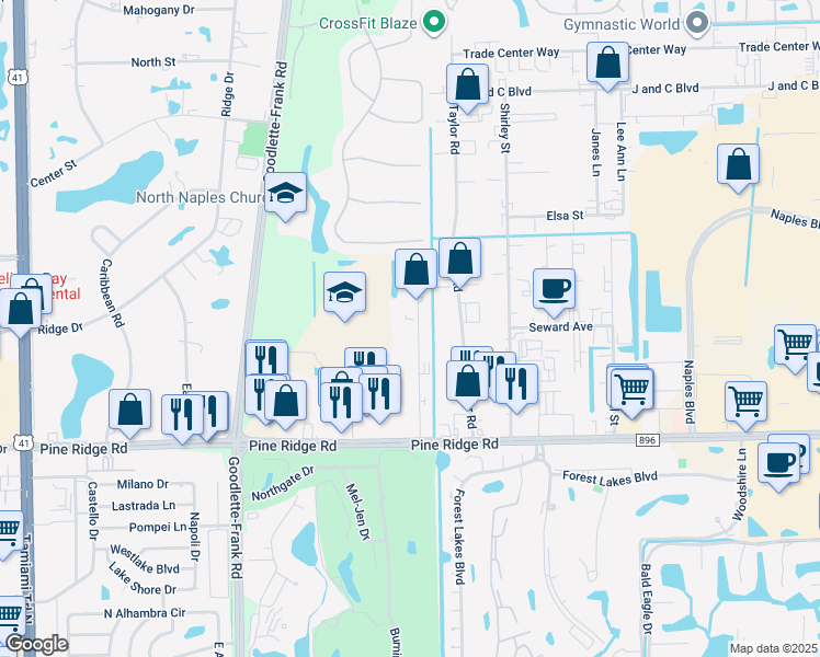 map of restaurants, bars, coffee shops, grocery stores, and more near 5435 Jaeger Road in Naples