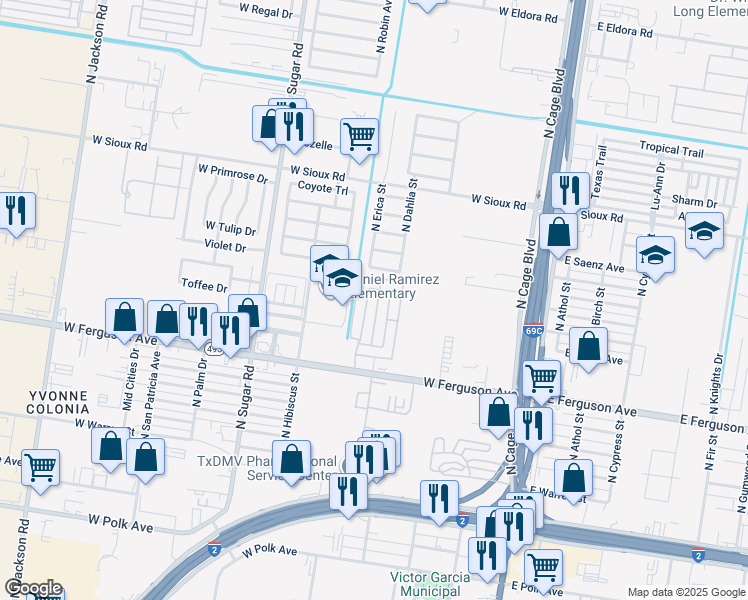 map of restaurants, bars, coffee shops, grocery stores, and more near 2221 North Erica Street in Pharr
