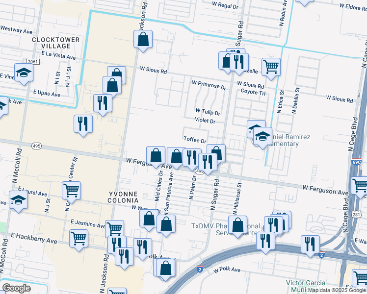 map of restaurants, bars, coffee shops, grocery stores, and more near 1015 West Toffee Drive in Pharr