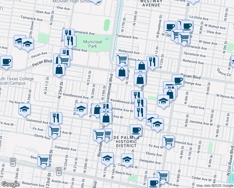 map of restaurants, bars, coffee shops, grocery stores, and more near in McAllen