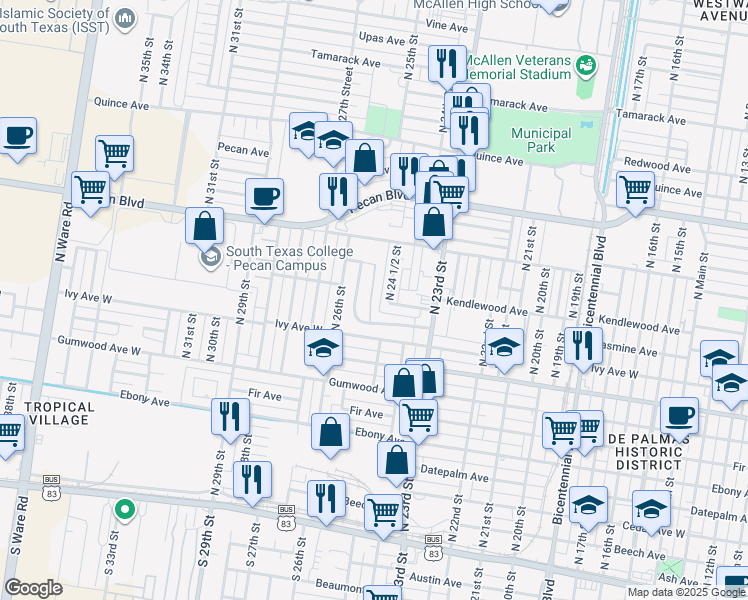 map of restaurants, bars, coffee shops, grocery stores, and more near 2500 Jasmine Avenue in McAllen