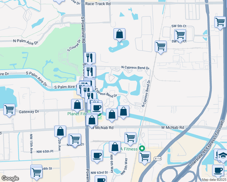 map of restaurants, bars, coffee shops, grocery stores, and more near 2313 South Cypress Bend Drive in Pompano Beach