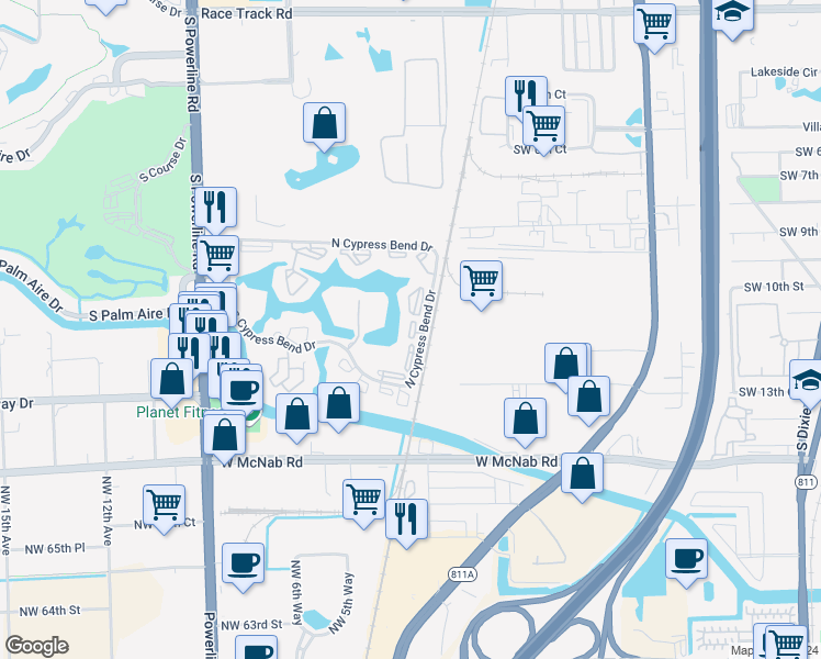 map of restaurants, bars, coffee shops, grocery stores, and more near 2108 South Cypress Bend Drive in Pompano Beach
