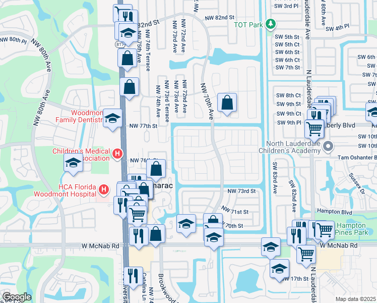 map of restaurants, bars, coffee shops, grocery stores, and more near 7209 Northwest 76th Court in Tamarac