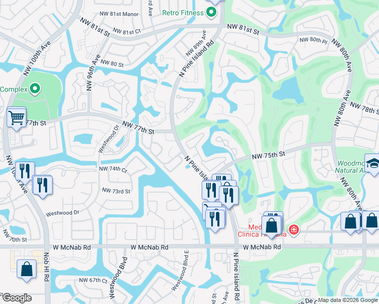 map of restaurants, bars, coffee shops, grocery stores, and more near 8792 Northwest 76th Drive in Tamarac