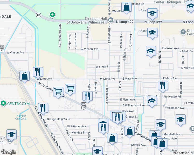 map of restaurants, bars, coffee shops, grocery stores, and more near 416 West Matz Avenue in Harlingen