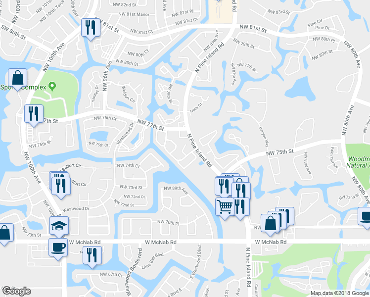 map of restaurants, bars, coffee shops, grocery stores, and more near 7614 Northwest 88th Circle in Tamarac