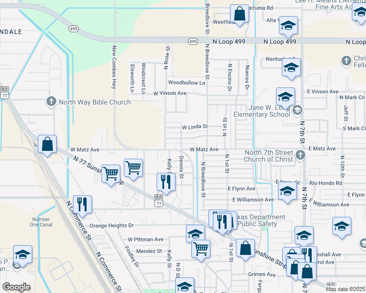 map of restaurants, bars, coffee shops, grocery stores, and more near 2306 North Dennis Street in Harlingen