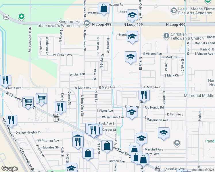 map of restaurants, bars, coffee shops, grocery stores, and more near 301-319 E Matz Ave in Harlingen