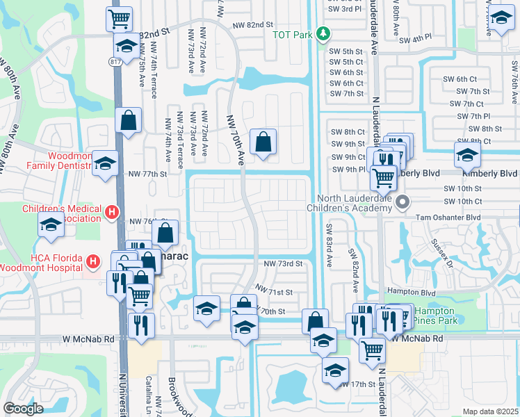 map of restaurants, bars, coffee shops, grocery stores, and more near 6901 Northwest 76th Street in Tamarac