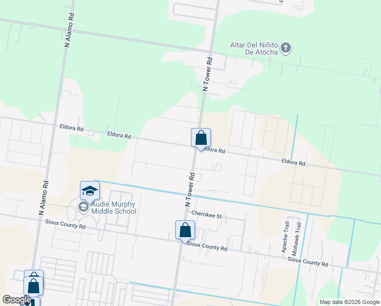 map of restaurants, bars, coffee shops, grocery stores, and more near 1345 North Tower Road in Alamo