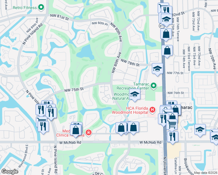 map of restaurants, bars, coffee shops, grocery stores, and more near 8061 Royal Palm Circle in Tamarac