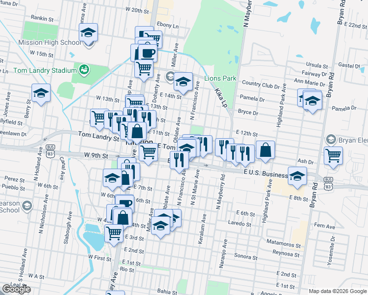 map of restaurants, bars, coffee shops, grocery stores, and more near 415 East Tom Landry Street in Mission