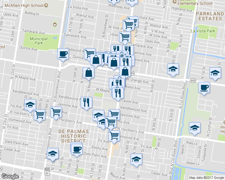 map of restaurants, bars, coffee shops, grocery stores, and more near 1024 West Maple Avenue in McAllen
