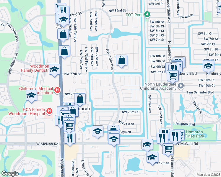 map of restaurants, bars, coffee shops, grocery stores, and more near 7005 Northwest 76th Court in Tamarac