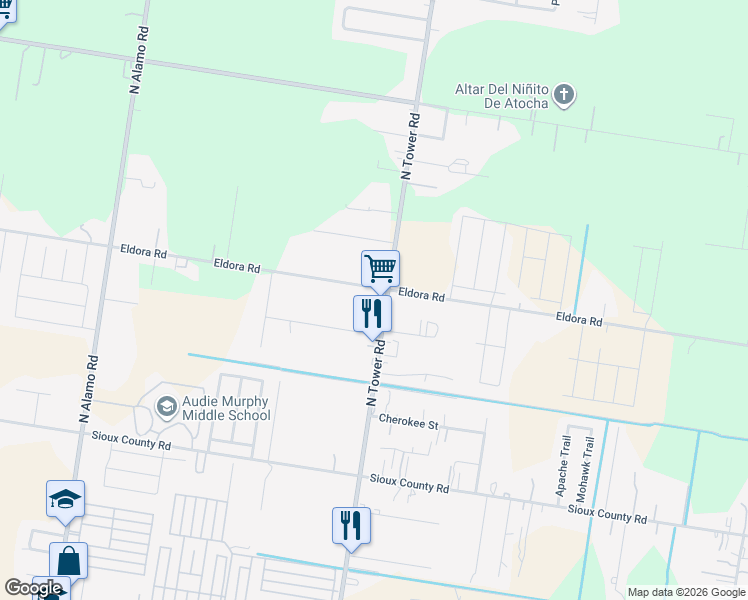 map of restaurants, bars, coffee shops, grocery stores, and more near 1345 North Tower Road in Alamo