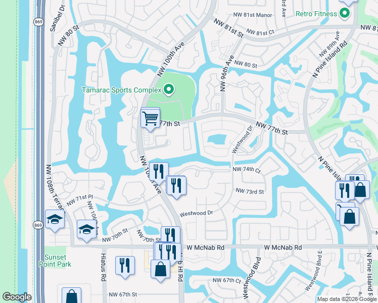 map of restaurants, bars, coffee shops, grocery stores, and more near 9914 Northwest 76th Street in Tamarac