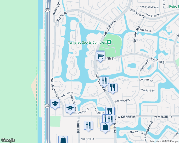 map of restaurants, bars, coffee shops, grocery stores, and more near 7623 Southampton Terrace in Tamarac