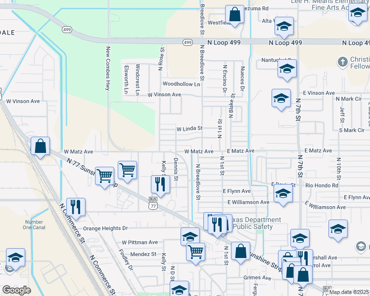 map of restaurants, bars, coffee shops, grocery stores, and more near 416 West Matz Avenue in Harlingen