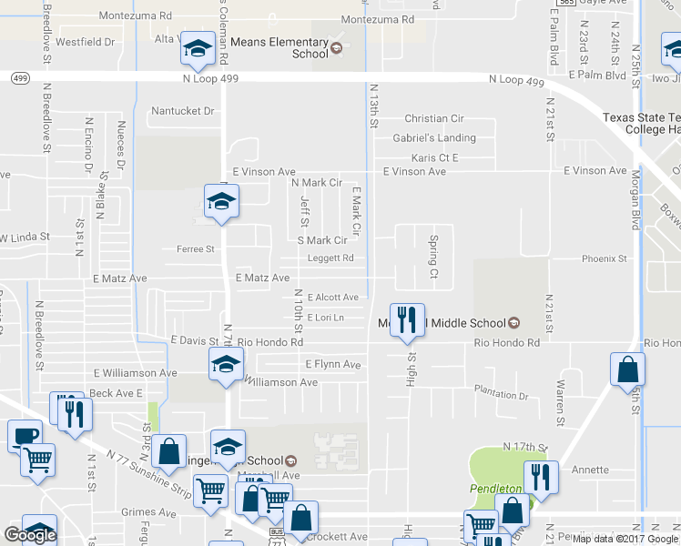 map of restaurants, bars, coffee shops, grocery stores, and more near 1033 East Matz Avenue in Harlingen