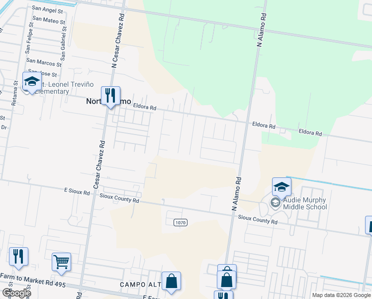 map of restaurants, bars, coffee shops, grocery stores, and more near 1311 Sunshine Drive in Alamo