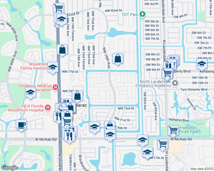 map of restaurants, bars, coffee shops, grocery stores, and more near 7005 Northwest 76th Court in Tamarac