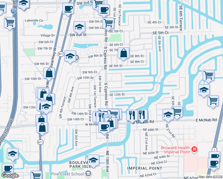 map of restaurants, bars, coffee shops, grocery stores, and more near 30 Southeast 11th Street in Pompano Beach