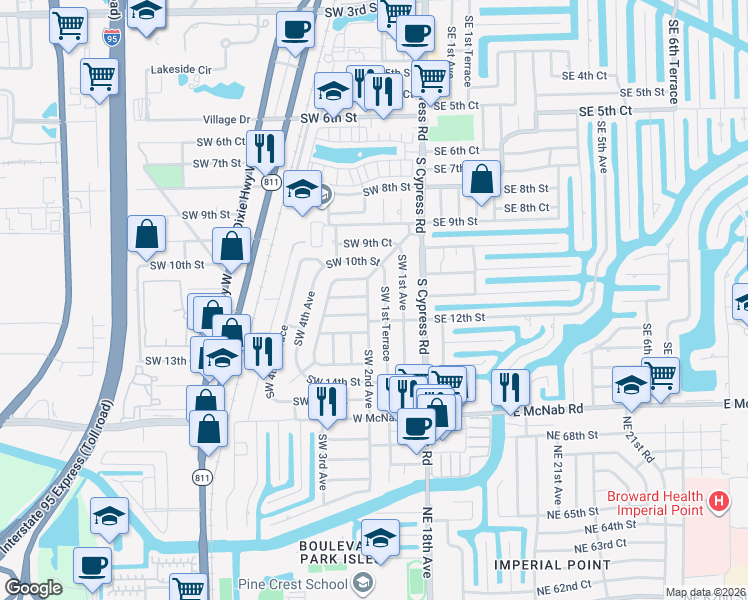 map of restaurants, bars, coffee shops, grocery stores, and more near 1112 Southwest 2nd Avenue in Pompano Beach