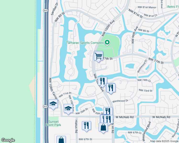 map of restaurants, bars, coffee shops, grocery stores, and more near 7623 Southampton Terrace in Tamarac