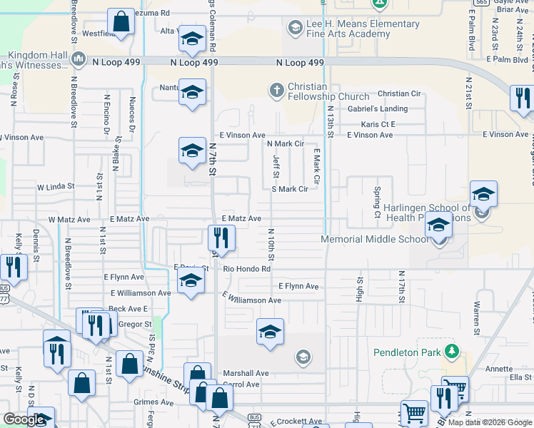 map of restaurants, bars, coffee shops, grocery stores, and more near 917 E Matz Ave in Harlingen
