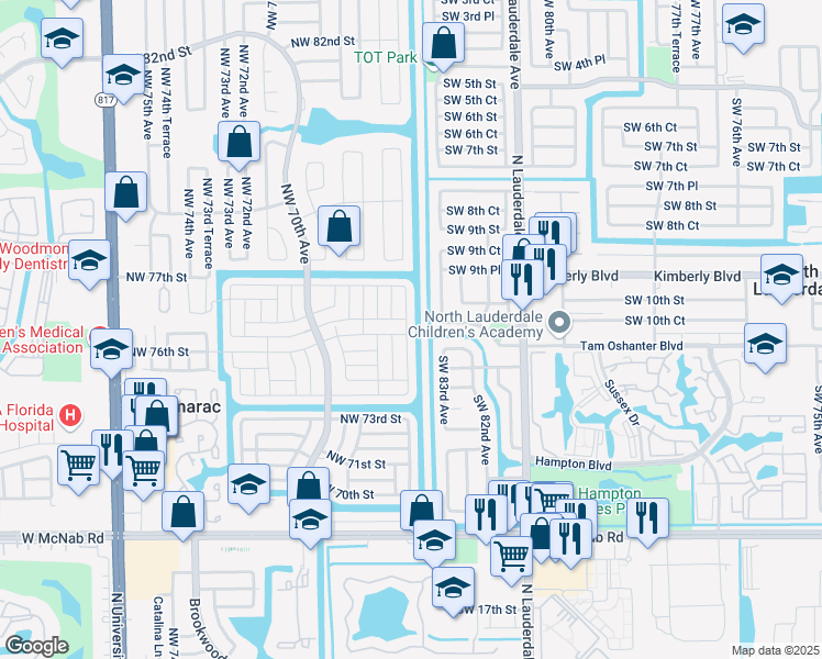 map of restaurants, bars, coffee shops, grocery stores, and more near 7600 Northwest 66th Terrace in Tamarac