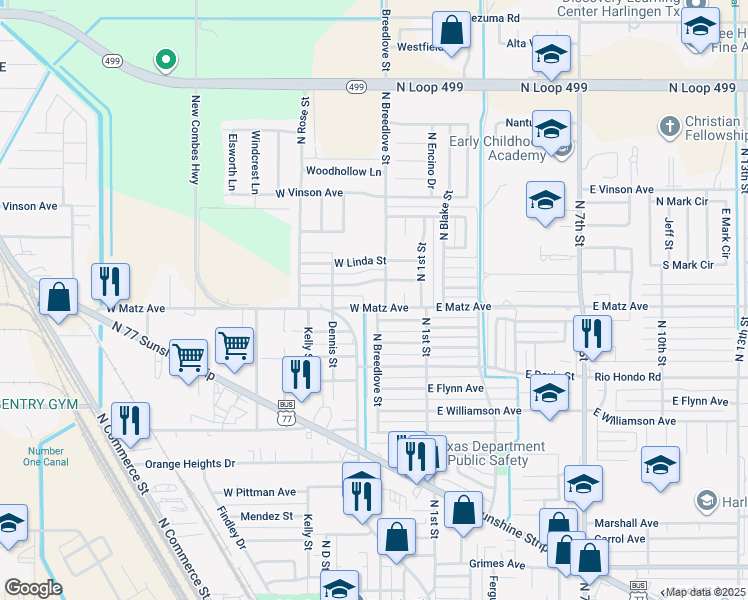 map of restaurants, bars, coffee shops, grocery stores, and more near 310 West Matz Avenue in Harlingen