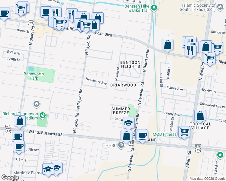 map of restaurants, bars, coffee shops, grocery stores, and more near 725 North 48th Street in McAllen