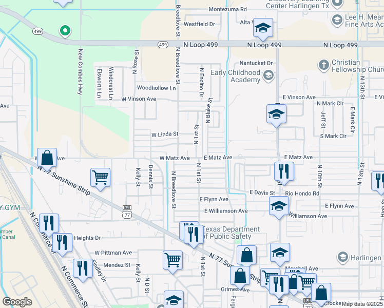 map of restaurants, bars, coffee shops, grocery stores, and more near 104 W Matz Ave in Harlingen