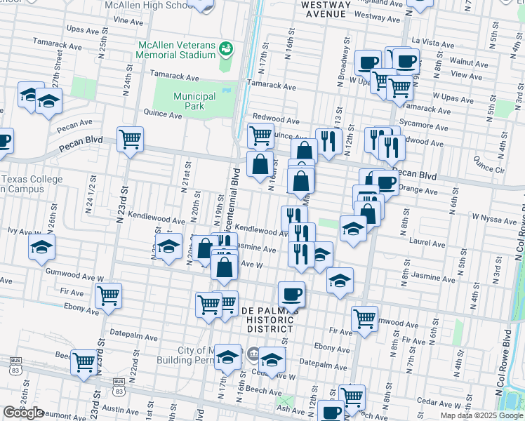 map of restaurants, bars, coffee shops, grocery stores, and more near 1205 North 16th Street in McAllen