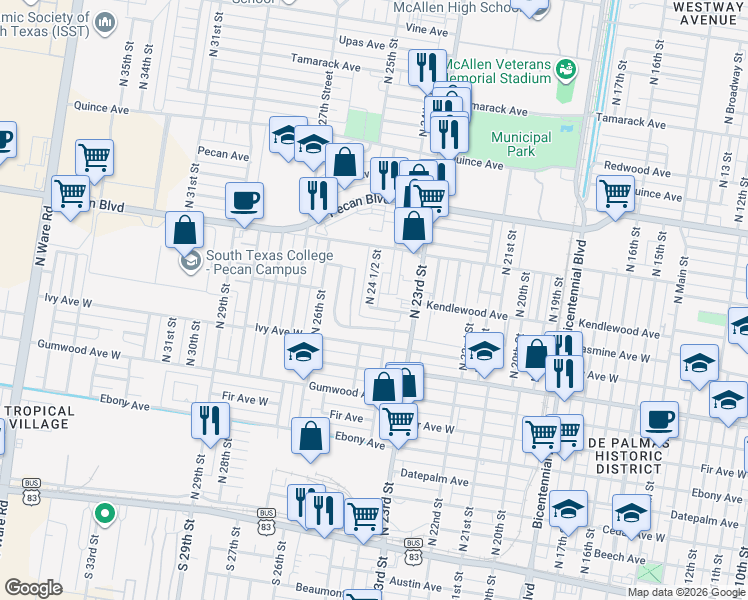 map of restaurants, bars, coffee shops, grocery stores, and more near 1104 North 24 1/2 Street in McAllen