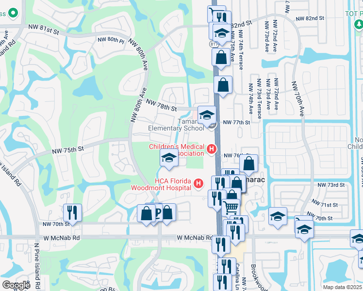 map of restaurants, bars, coffee shops, grocery stores, and more near 7750 Northwest 78th Avenue in Tamarac