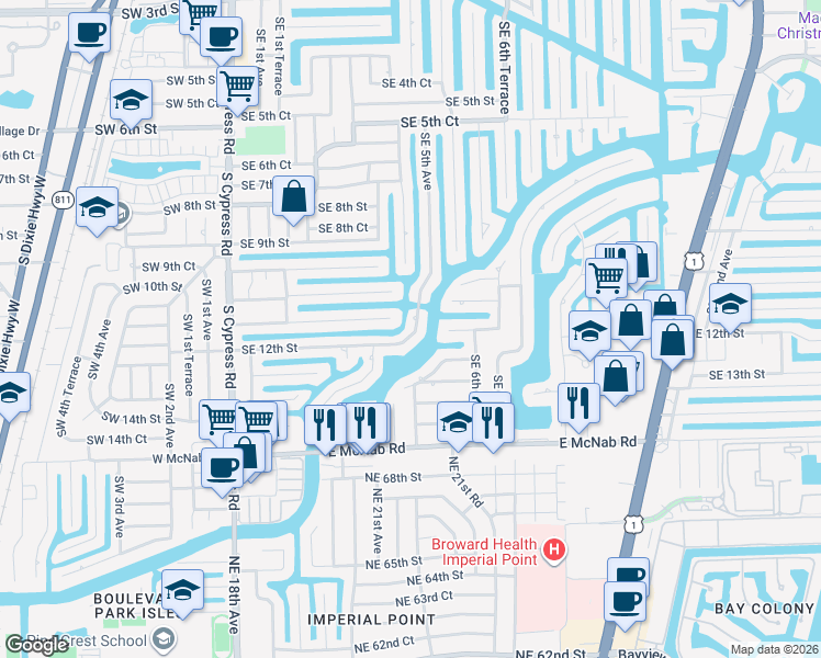 map of restaurants, bars, coffee shops, grocery stores, and more near 1131 Southeast 5th Avenue in Pompano Beach