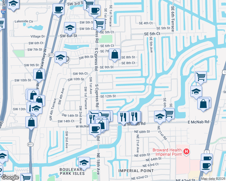 map of restaurants, bars, coffee shops, grocery stores, and more near 160 Southeast 11th Street in Pompano Beach
