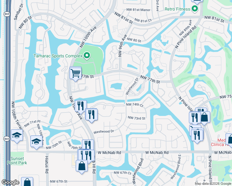 map of restaurants, bars, coffee shops, grocery stores, and more near 9722 Northwest 75th Court in Tamarac