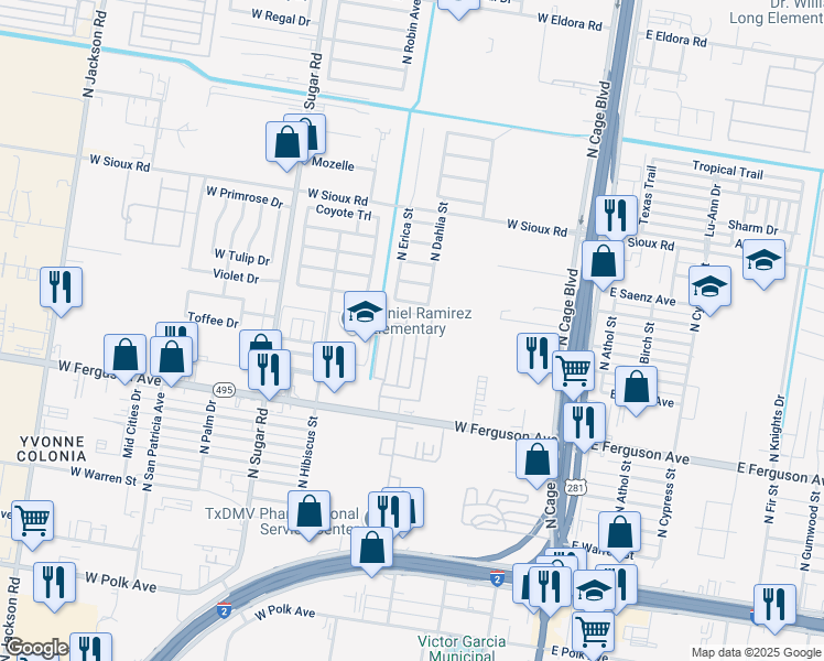 map of restaurants, bars, coffee shops, grocery stores, and more near 2305 North Dahlia Street in Pharr