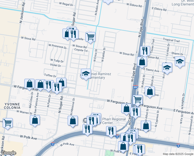 map of restaurants, bars, coffee shops, grocery stores, and more near 2300 North Dahlia Street in Pharr