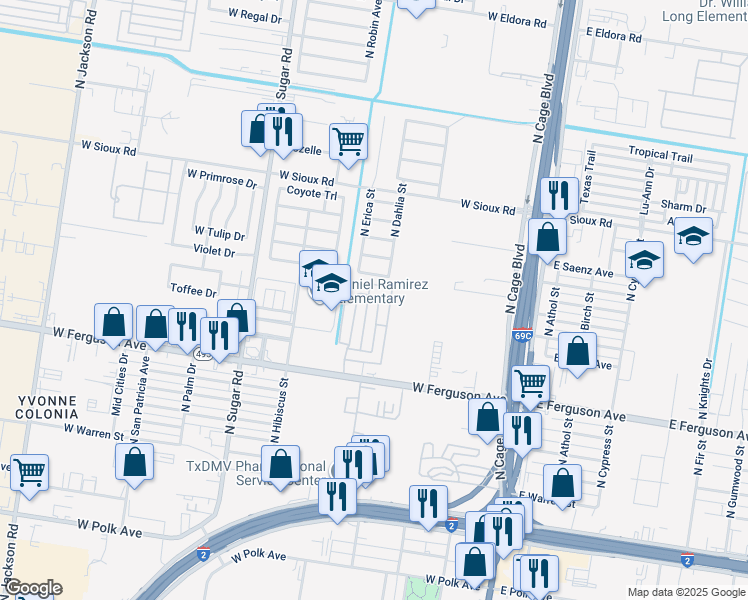 map of restaurants, bars, coffee shops, grocery stores, and more near 2305 North Dahlia Street in Pharr