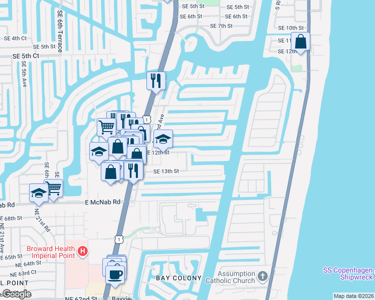 map of restaurants, bars, coffee shops, grocery stores, and more near 2401 Southeast 12th Street in Pompano Beach