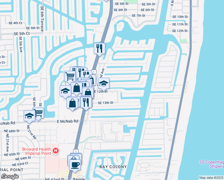 map of restaurants, bars, coffee shops, grocery stores, and more near 2317 Southeast 12th Street in Pompano Beach
